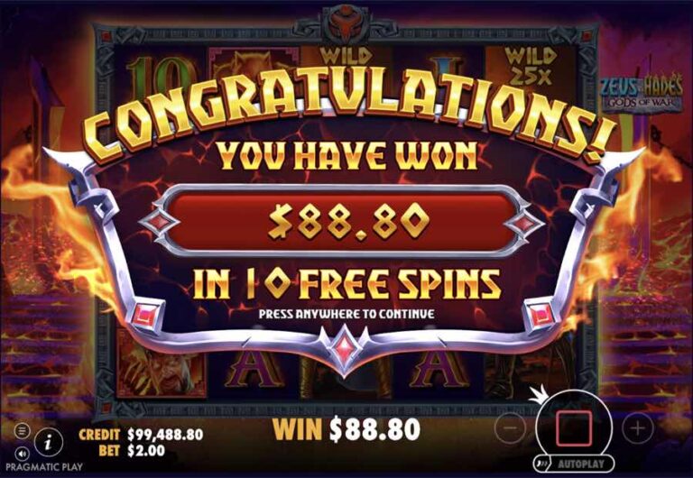 Pantalla final de las tiradas gratis de Zeus vs Hades con 88,80 ganados en diez tiradas y un Wild con multiplicador 25x al fondo