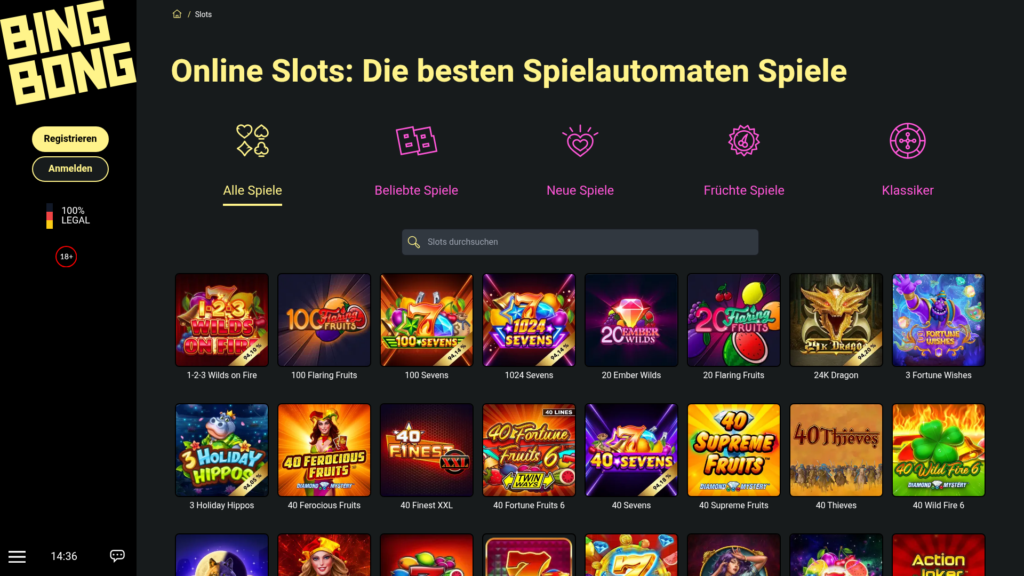 Slot-Katalog von BingBong mit Filtermöglichkeiten nach Kategorie