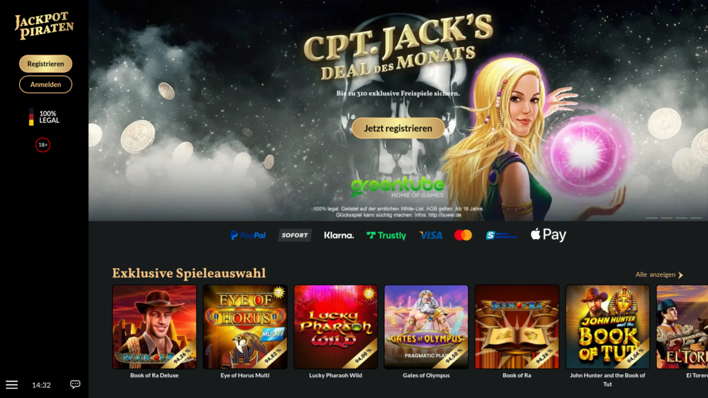 Startseite von JackpotPiraten mit Zahlungsmethoden wie PayPal, Klarna und Visa