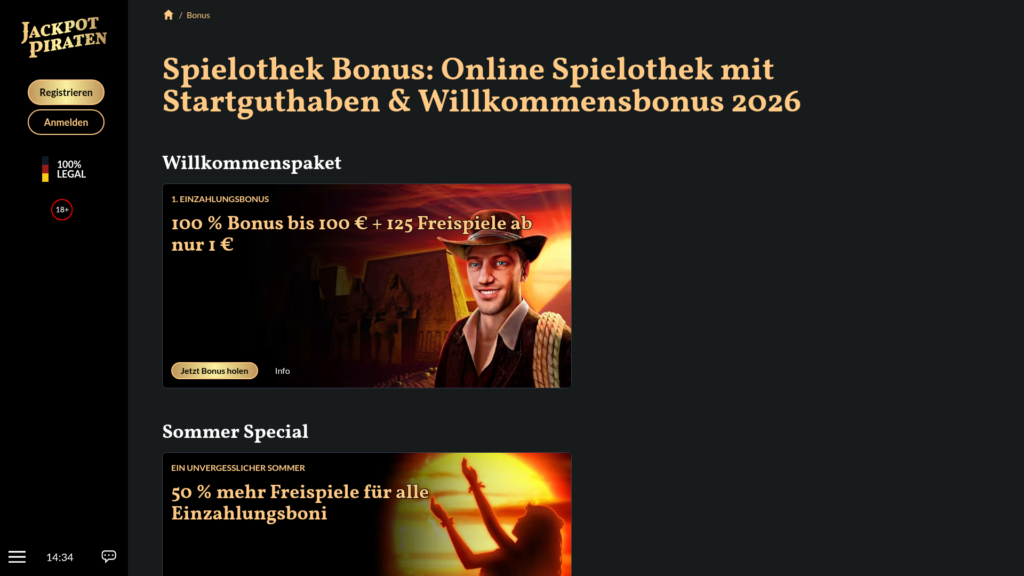 Willkommensbonus von JackpotPiraten: 100 % bis 100 € plus 125 Freispiele