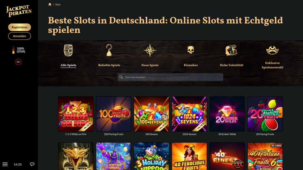 Slot-Katalog von JackpotPiraten mit Filtermöglichkeiten nach Kategorie