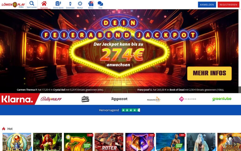 Startseite von Löwen Play Online mit dem Feierabend-Jackpot, den Herstellerlogos und den beliebtesten Slots