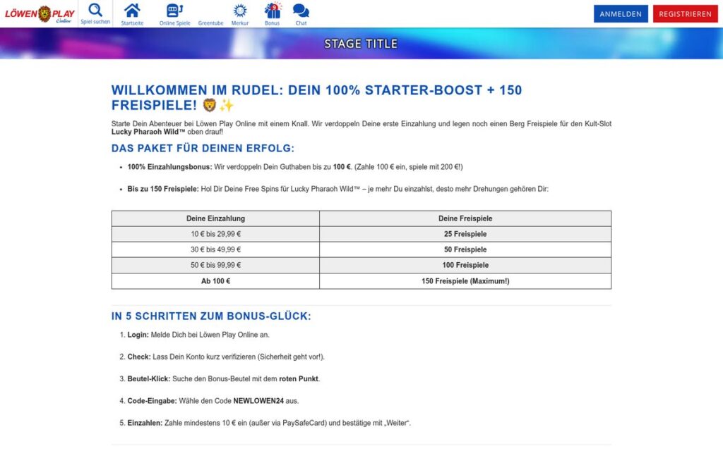 Willkommensbonus-Seite von Löwen Play mit der Staffel von 25 bis 150 Freispielen und den fünf Schritten zur Aktivierung per Code