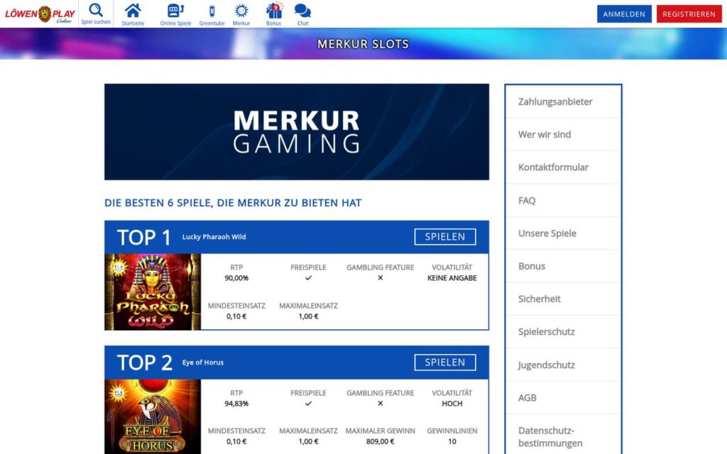 Übersicht der Merkur-Spielautomaten bei Löwen Play Online