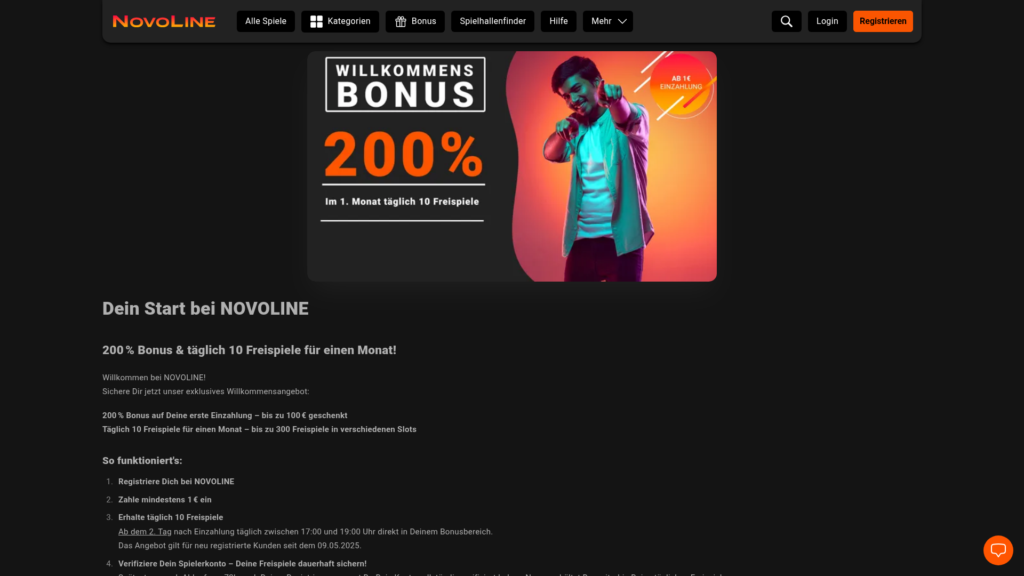 Neukundenbonus-Seite von Novoline mit 200 % Bonus und täglichen Freispielen
