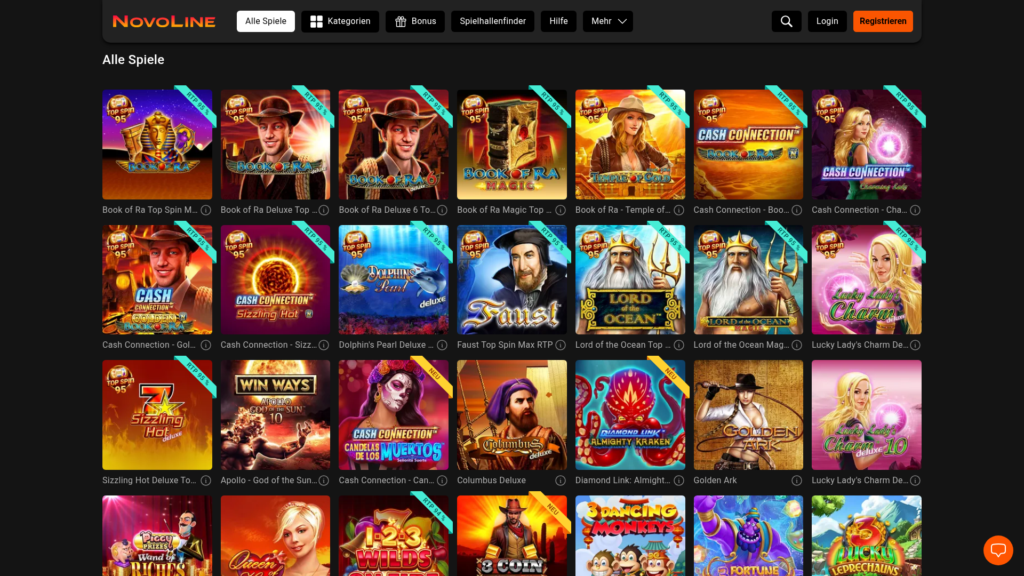 Spielekatalog von Novoline mit Book-of-Ra- und Cash-Connection-Varianten