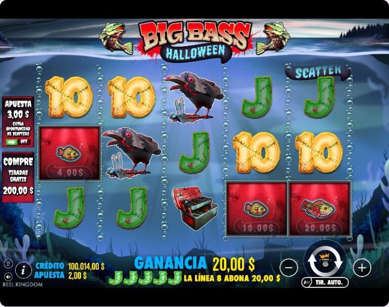 Premio de cinco J verdes en la línea 8 de Big Bass Halloween, con el importe de la ganancia en la barra inferior