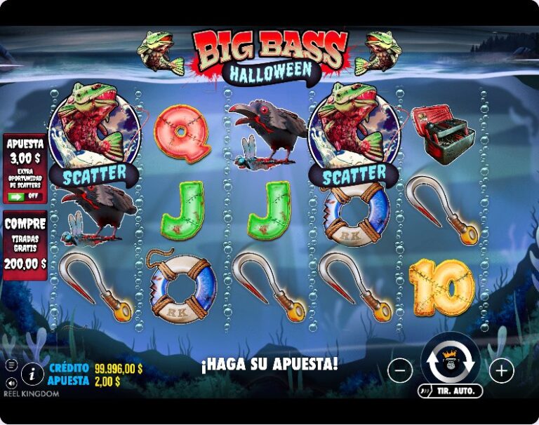 Dos símbolos Scatter con un pez ensangrentado en los carretes de Big Bass Halloween, a la espera del tercero